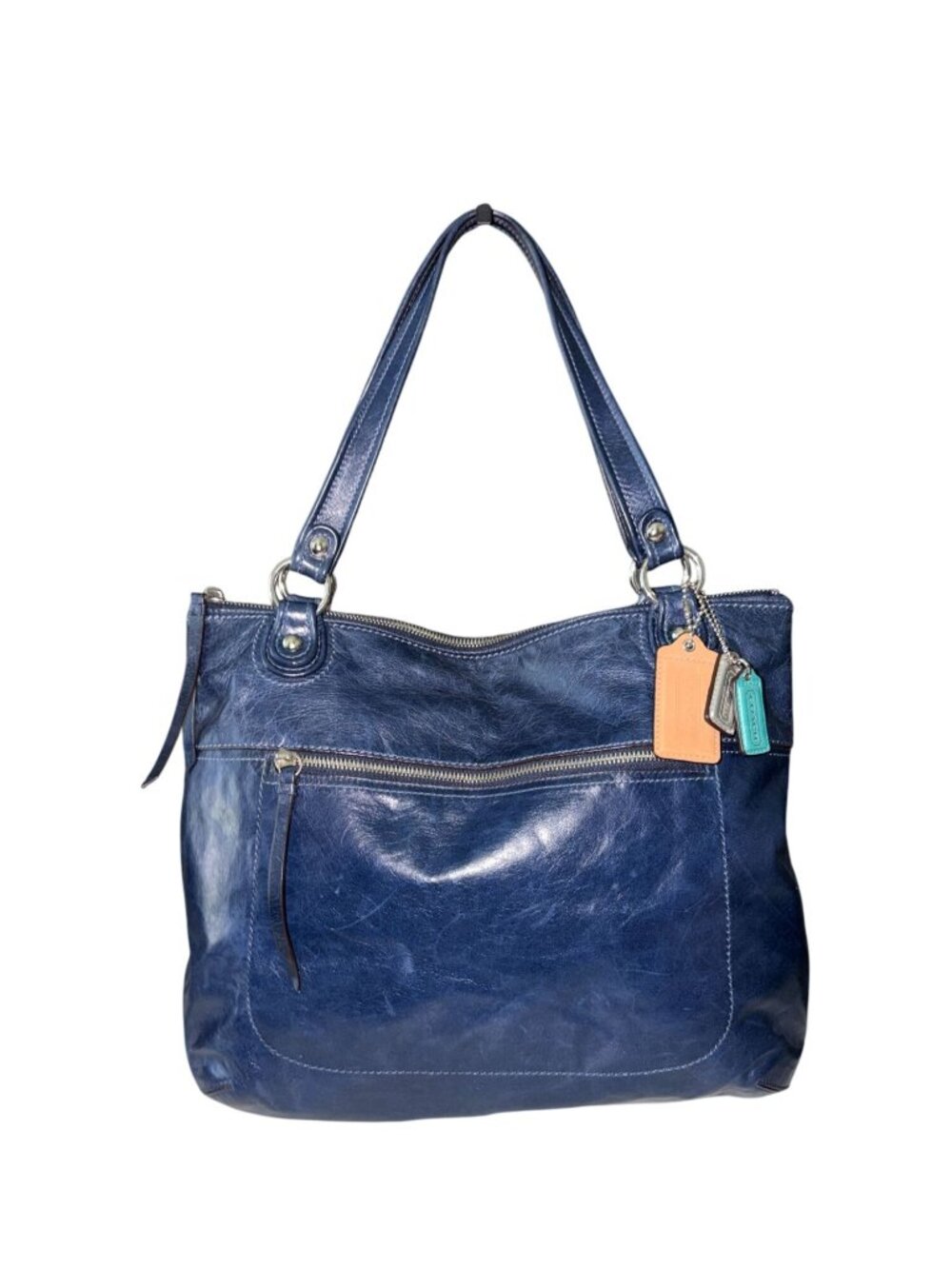 Coach Poppy Glam Glazed Dark Blue Leather Tote Bag 19002